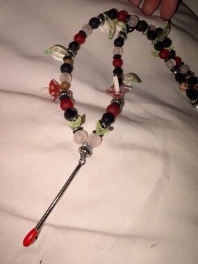 Handmade Multicolor Beaded Lanyard Necklace with Red Accent